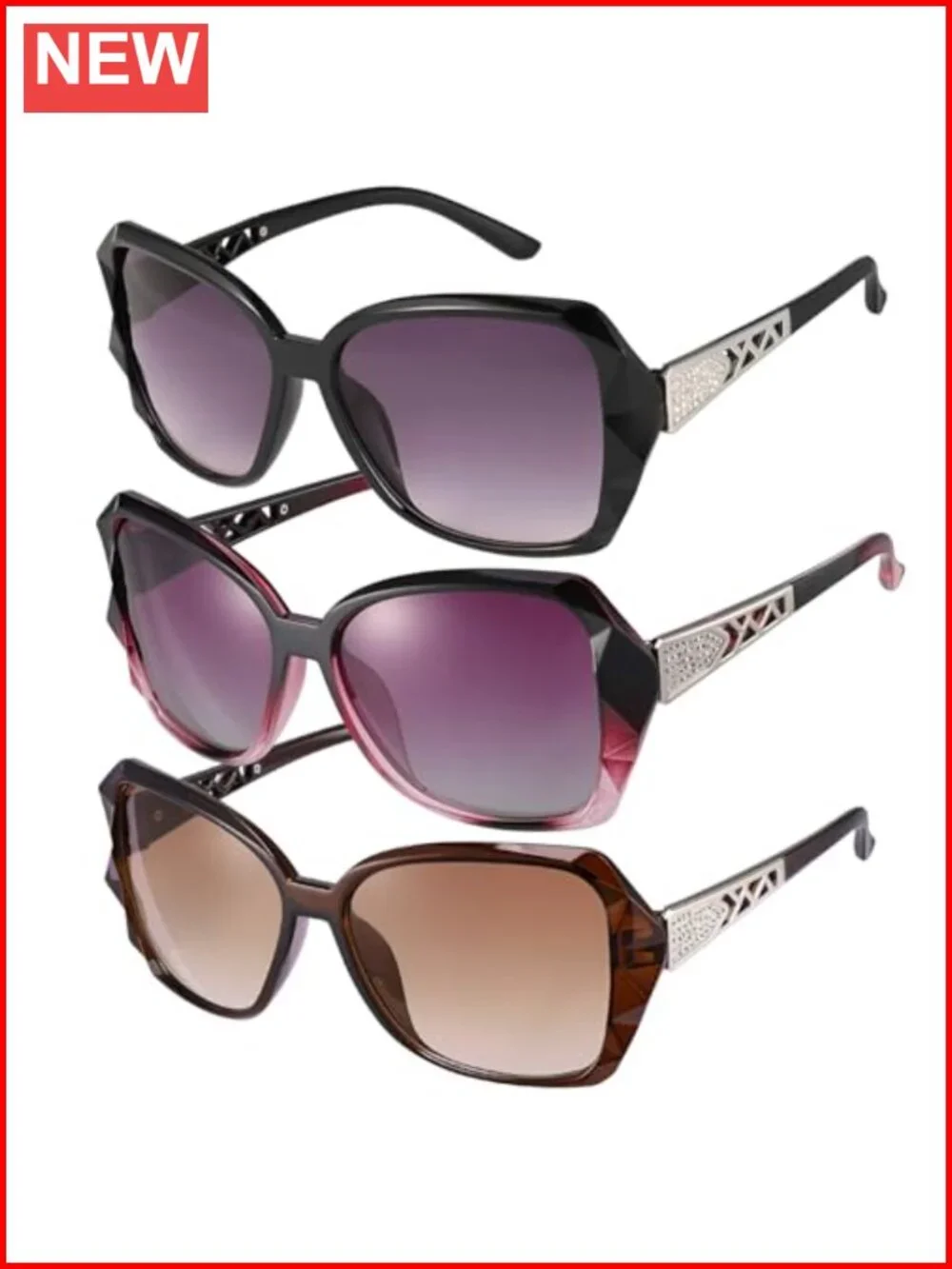 Oversized Women Sunglasses UV400 Protection 3 Pack Crystal Frame